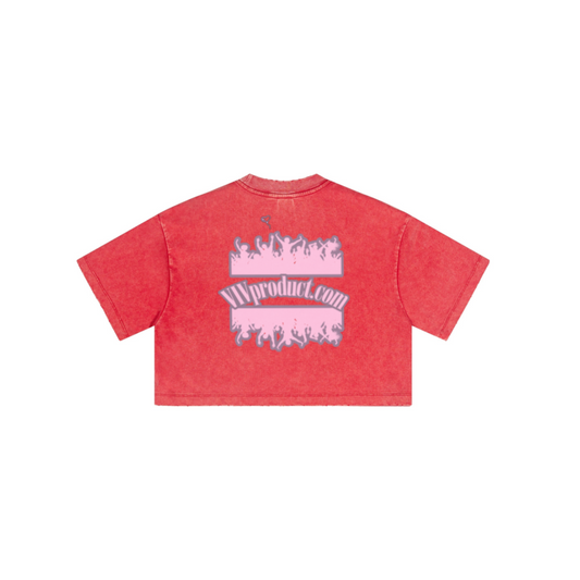 230GSM Women’s Cool-Touch Cropped High-Street Color Retro Snow-Wash T-shirt Red
